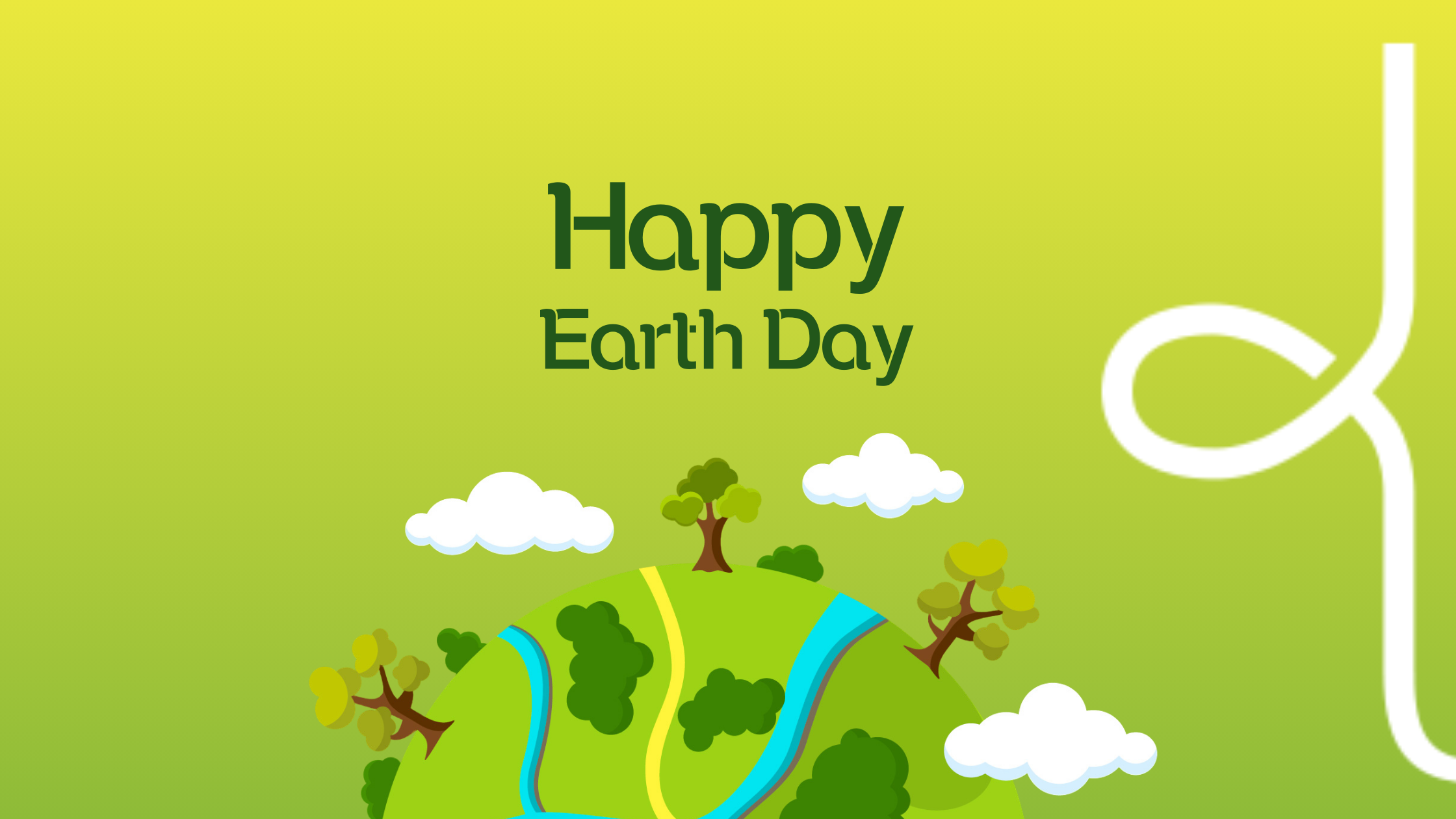 A cartoon planet with rivers and trees on a gren background, with the title 'Happy Earth Day'.