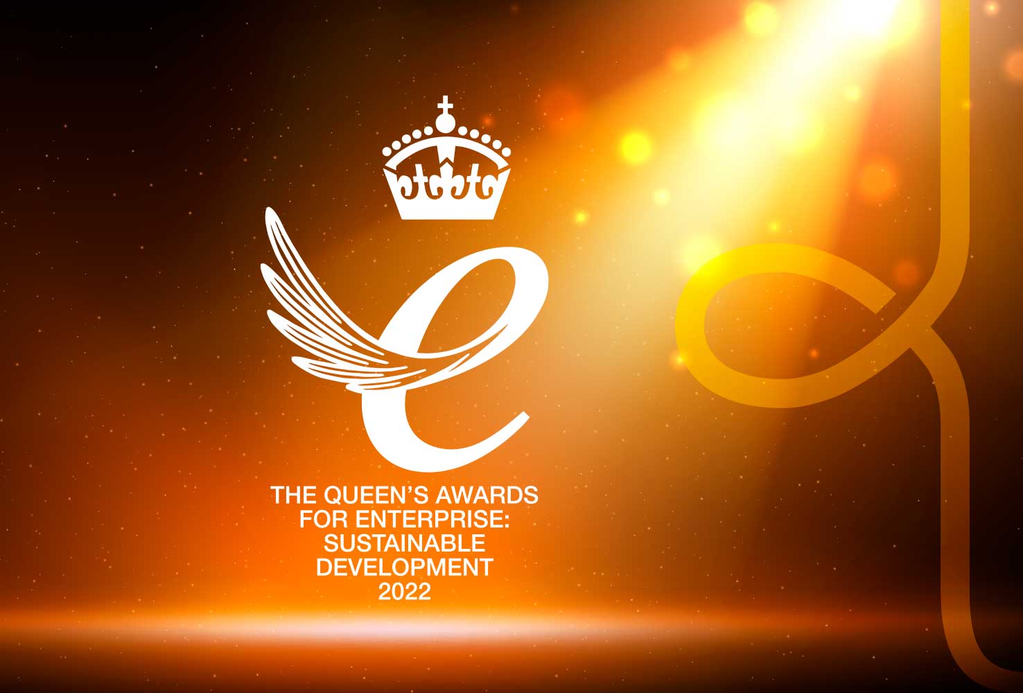 An orange background with the Queens Award logo and the Woolcool log
