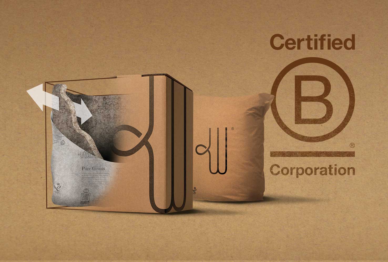 A cross section illustration of a Woolcool box set, showing the wool insualtion and product inside. Nehind this is a Woolcool Paper pouch, overlapped by a brown B Corporation logo, with a cardboard effect background