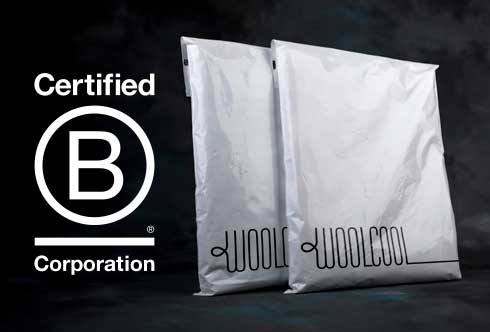 Two Woolcool plastic pouches with the B-Corp logo