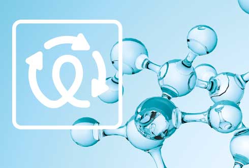 A molecule with a reduce, reuse, recycle icon