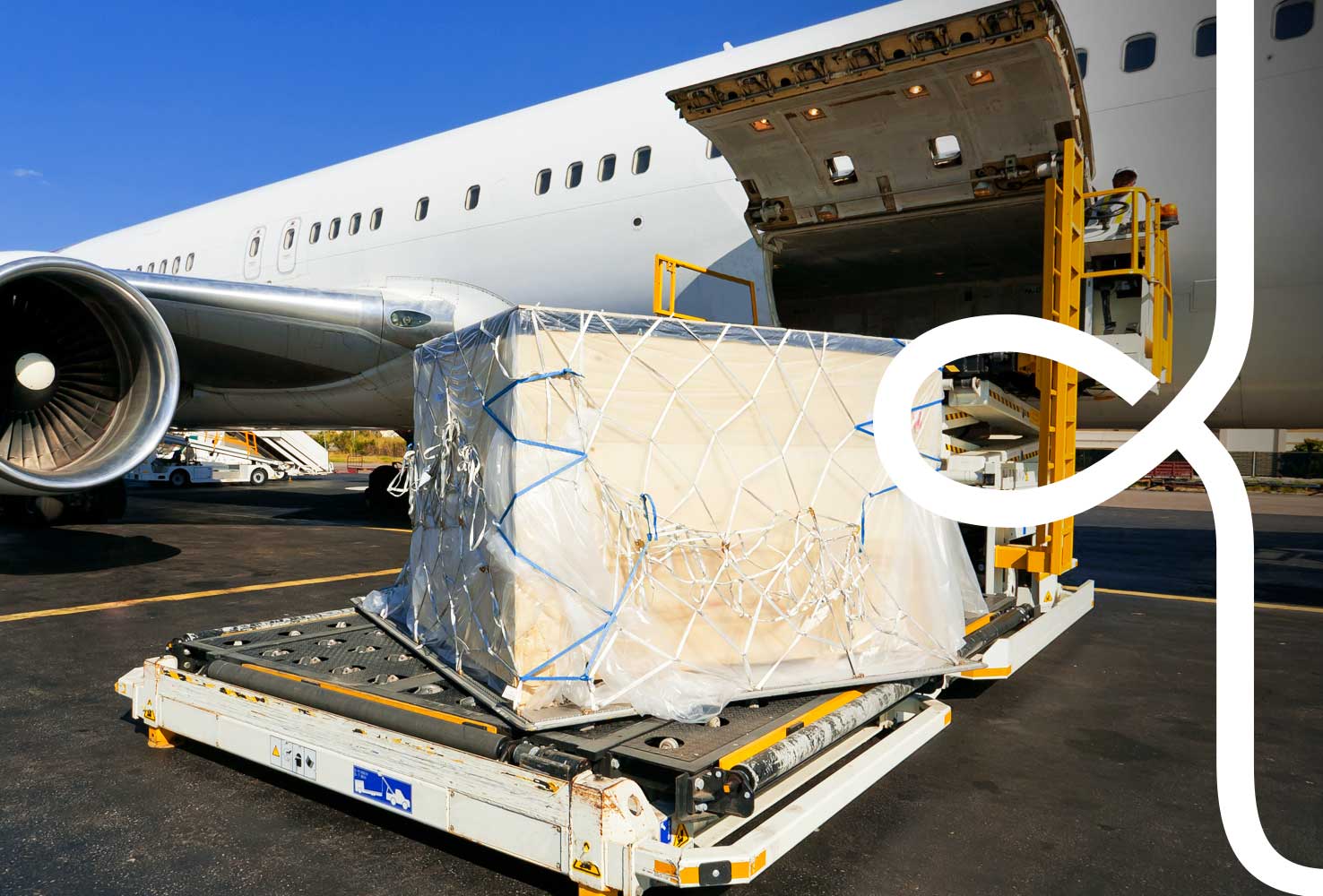 Cargo being loaded into a plane with an overlapping W icon from the Woolcool logo