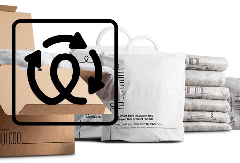 A variety of Woolcool packaging with a reduce, reuse, recycle icon