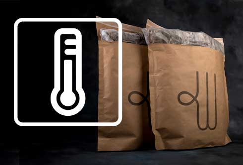 Two Woolcool pouches with the wool showing out the top and a temperature icon