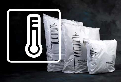 Three Woolcool plastic pouches with a temperature icon