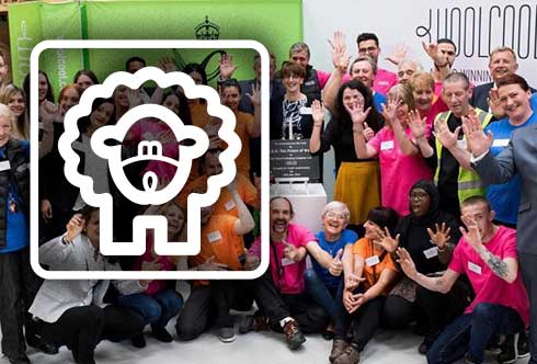 A group photo of the Woolcool team with a sheep icon