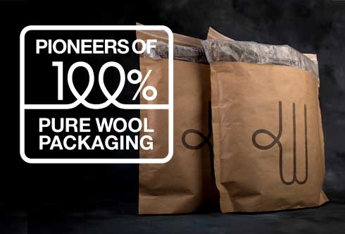 Two Woolcool pouches with a pioneers of 100% pure wool packaging icon