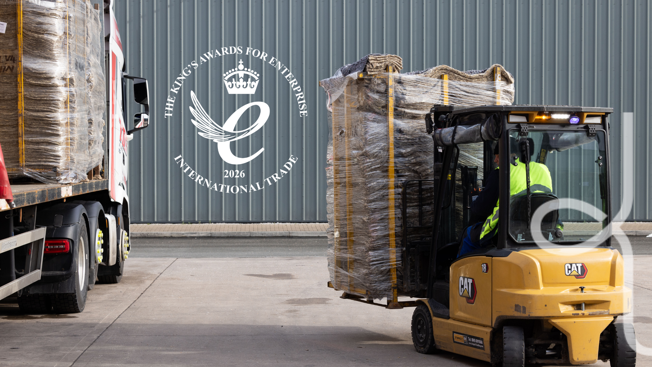 Woolcool on a forklift truck with the Kings Award logo and Woolcool logo
