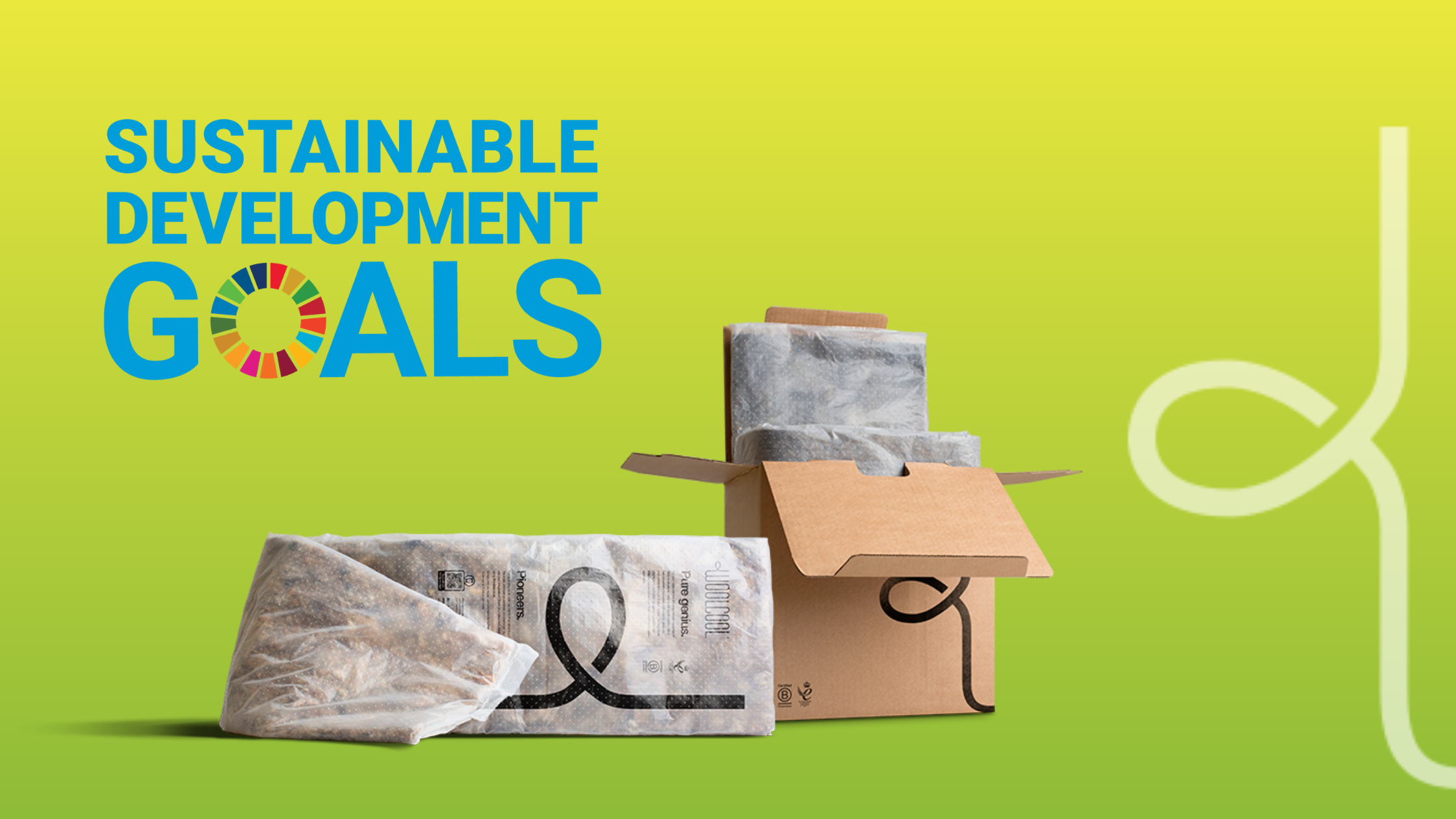 A green gradient background with Woolcool packaging, logo and the sustainable development goals logo